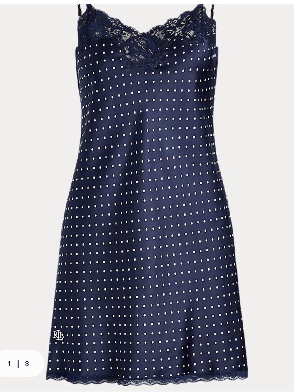 Lauren Ralph Lauren Lace-Trim Satin Chemise in Navy/White Dot size small